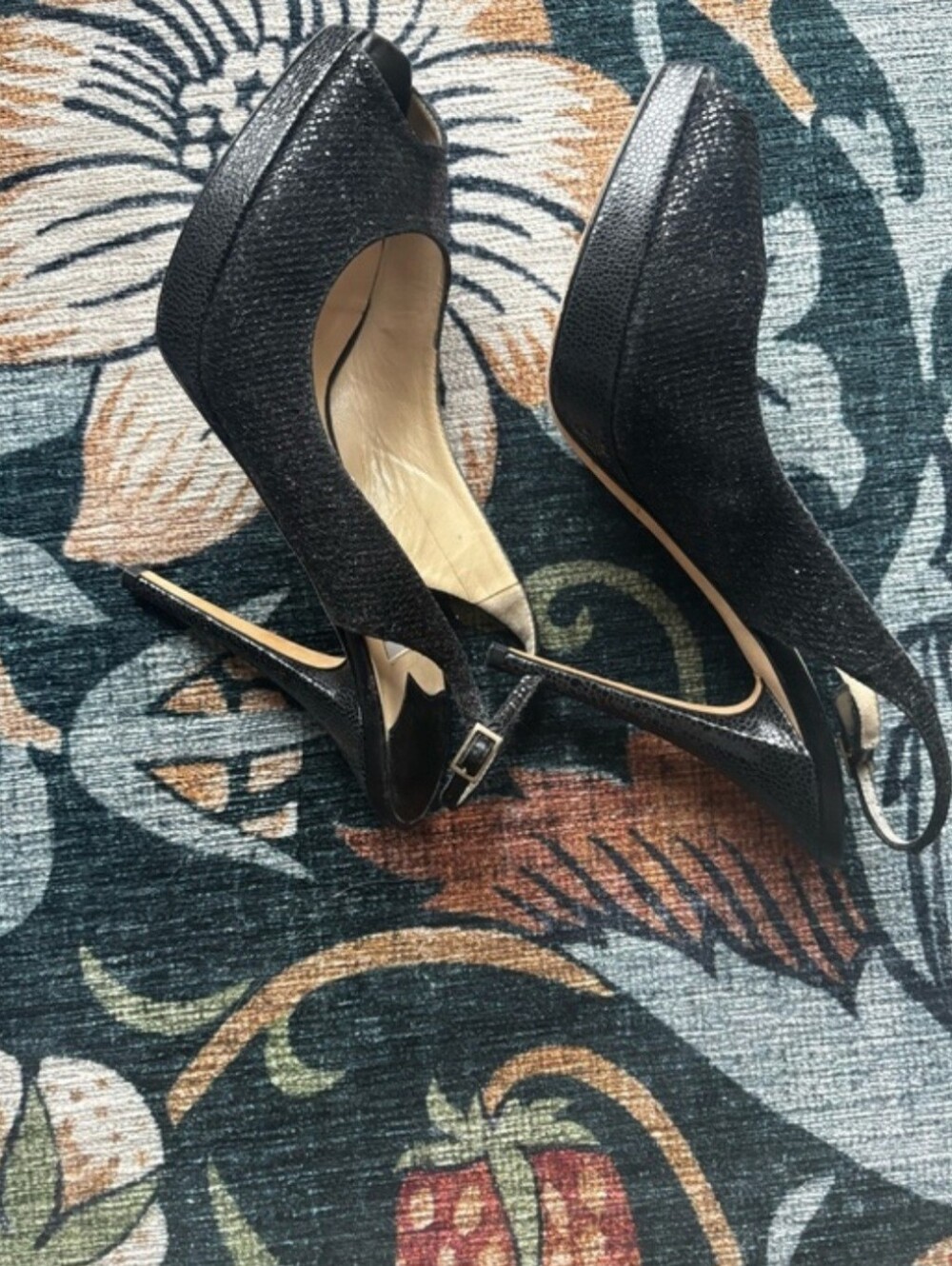 Authentic Jimmy Choo Black Textured Peep Toe Sling Back Heels Size 39.5